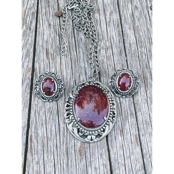 Vintage Large Red Jasper Pendant Necklace earring Set - Picture 1 of 9